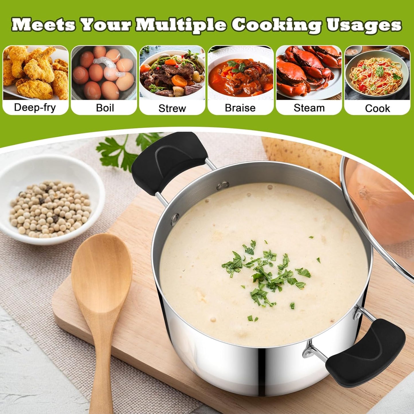 Stainless Steel 3-Ply Sock Pot with Lid, Stockpot for Cooking Pasta & Stewing Soup, Fits Multi Stoves, Heat-Proof Handle & Clear Lid, Heavy Duty & Dishwasher Safe, 5 Quarts