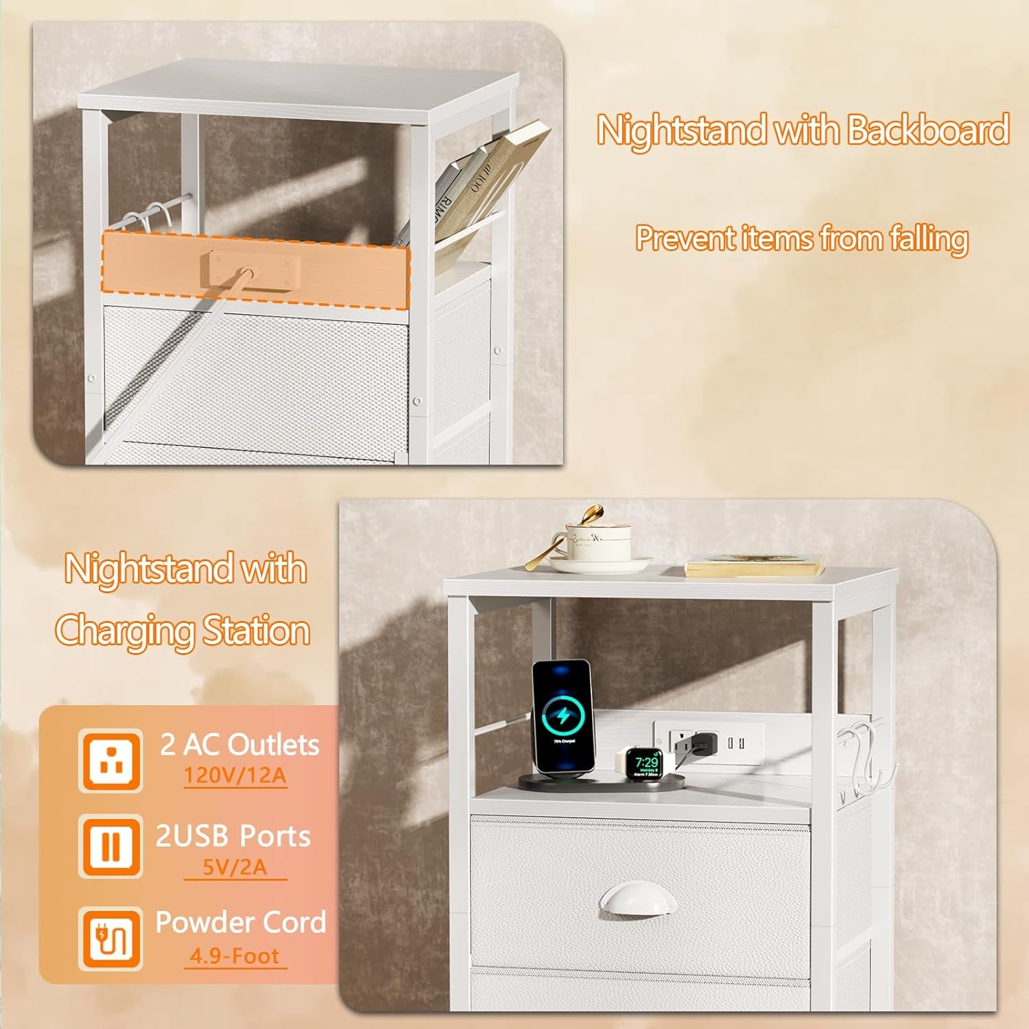 Nightstands Set of 2, Night Stands with Charging Station, Side Tables with 2 Fabric Drawers, End Tables with Storage Shelves, for Bedroom, White