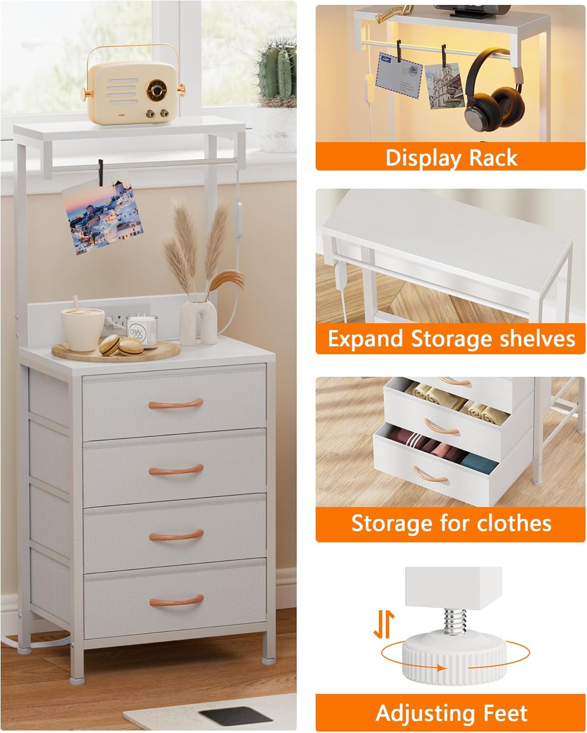 White Tall Nightstand with Charging Station and LED Lighting, Multifunctional Bedside Table with 4 Fabric Drawers, Metal Frame and Wood Shelves for Bedroom, Office, and Hallway