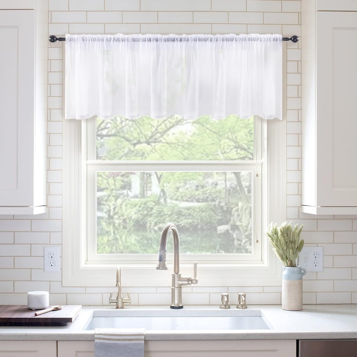 Window Valance Half Sheer Curtains Rod Pocket Voile Drapes Extra Wide for Small Window Kitchen Cafe One Panel 60 X 18 Inch White