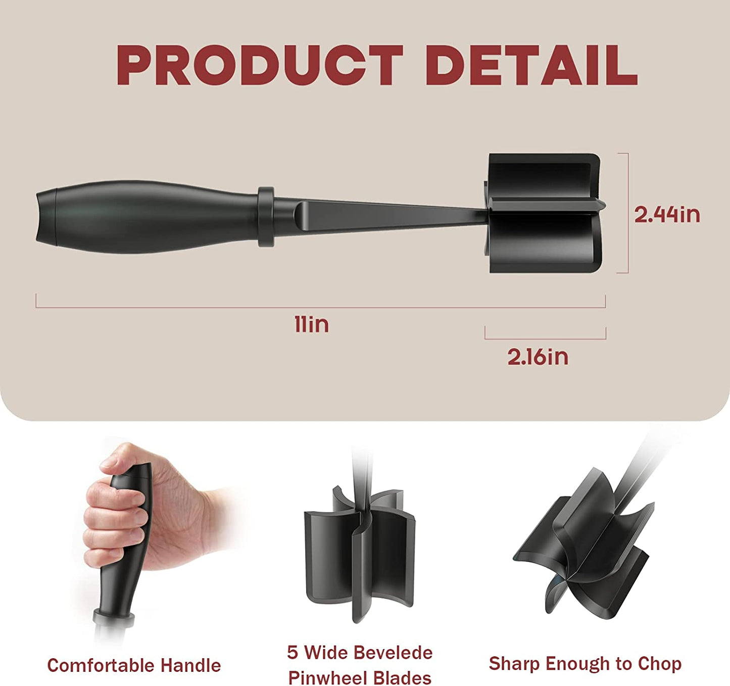 Meat Chopper, Hamburger Grinder, Premium Heat Resistant Smasher for Ground Beef, Burger Grinder Nylon Potato Mix Tool, Meat & Poultry Tenderizers-Black