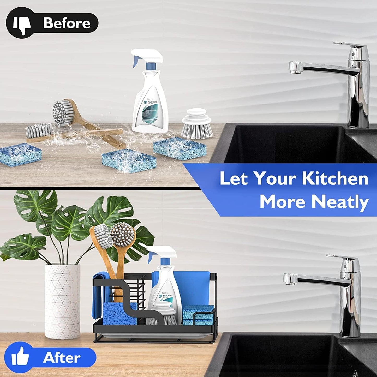 Sink Caddy,Kitchen Sink Organizers Sponge Holder for Kitchen Sink,Dish Soap Scrubber Holder with Removable Drain Pan,Sink Brush Holder for Scrubber-Black