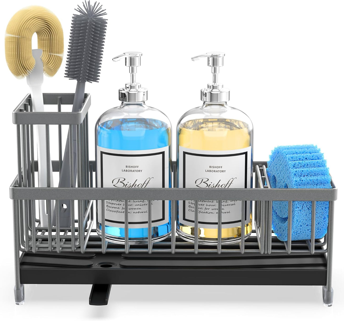 Extra Large Sponge Holder for Kitchen Sink Organizer Caddy, Dish Brush Scrubber Holder,Stainless Steel Sink Box Utensil Holder,Soap Dispenser Set Tray Counter Accessories(Grey)