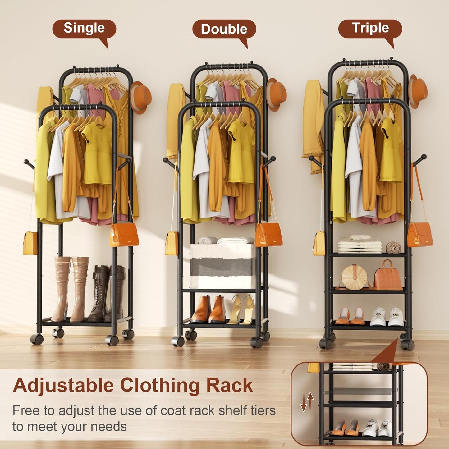 Rolling Clothing Racks for Hanging Clothes, Double Rods Clothes Rack with Wheels, Sturdy Coat Racks,Portable Metal Garment Rack for Bedroom Laundry Living Room, Black