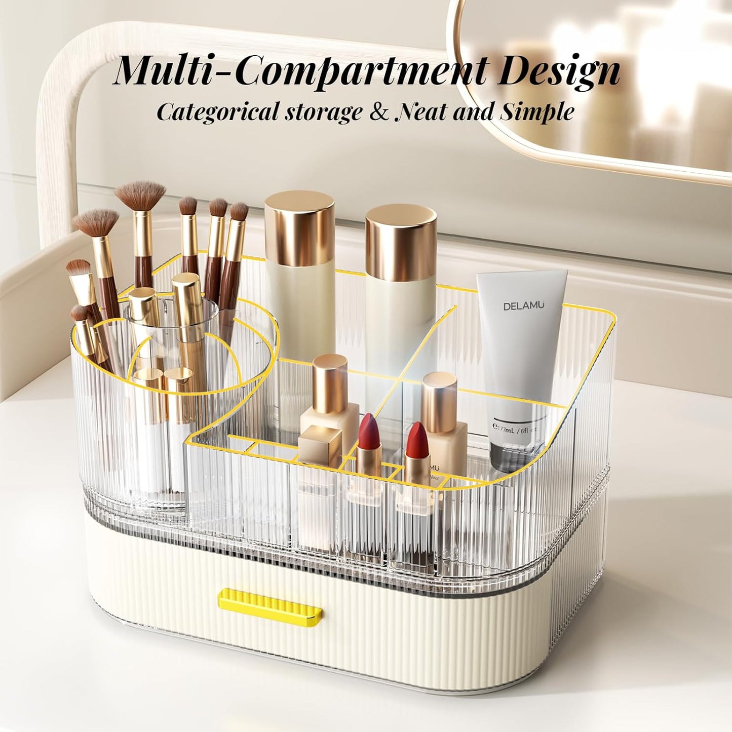 Makeup Organizer for Vanity with Stackable Drawers, 360 Rotating Makeup Brush Holder Large Cosmetic Display Case for Dresser, Bathroom Countertop Skincare Organizers and Storage, Elegant White