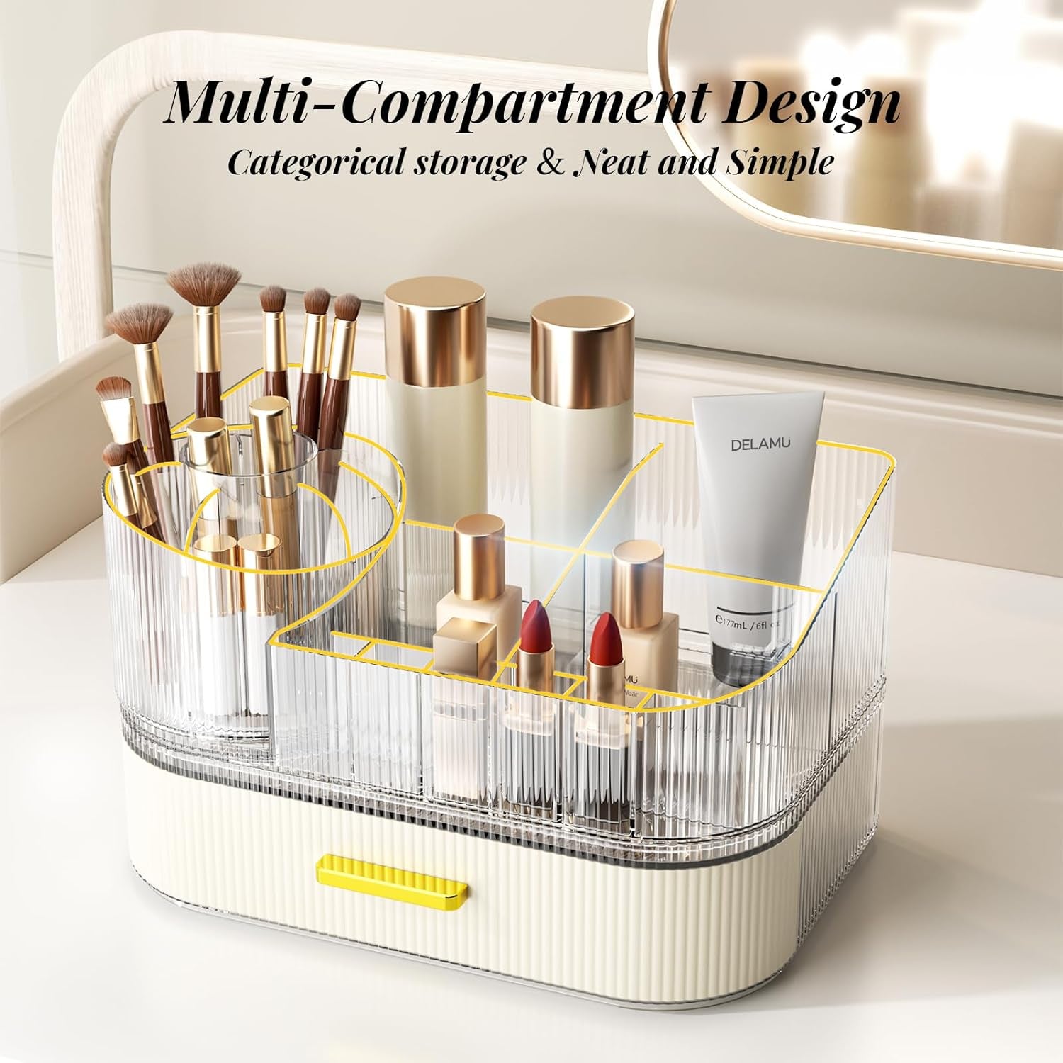 Makeup Organizer for Vanity with Stackable Drawers, 360 Rotating Makeup Brush Holder Large Cosmetic Display Case for Dresser, Bathroom Countertop Skincare Organizers and Storage, Elegant White