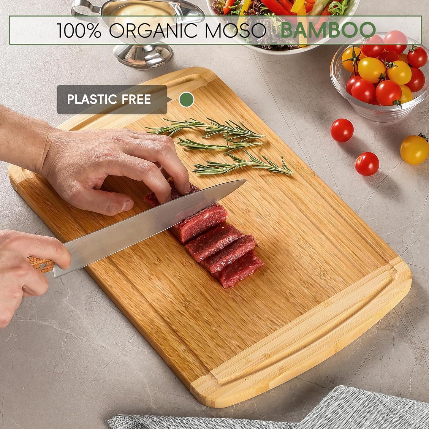 Large Wooden Cutting Board for Kitchen Meal Prep & Serving - Bamboo Cutting Boards with Juice Groove Side Handles, Charcuterie & Chopping Butcher Block - 100% Organic Bamboo, Pre Oiled, 16" X 10"