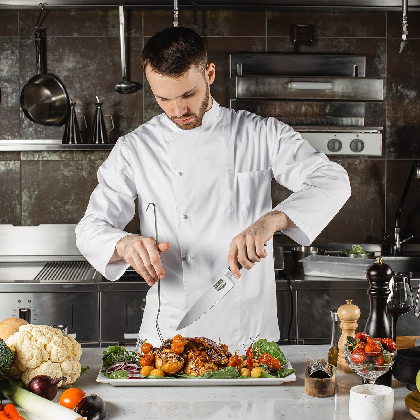 8 Inch Chef Kitchen Knife Cooking Knife Carbon Stainless Steel with Sheath and Ergonomic Handle Chopping Meat for Professional Use Black