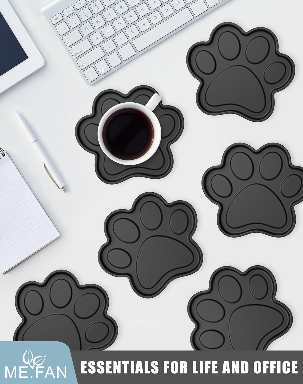 Silicone Coasters 6 Pack Paw Cup Mat with Holder, Dog Cat Paw Shape, for Hot or Cold Drink, Non-Slip, Non-Stick, Room Decor, Housewarming Black