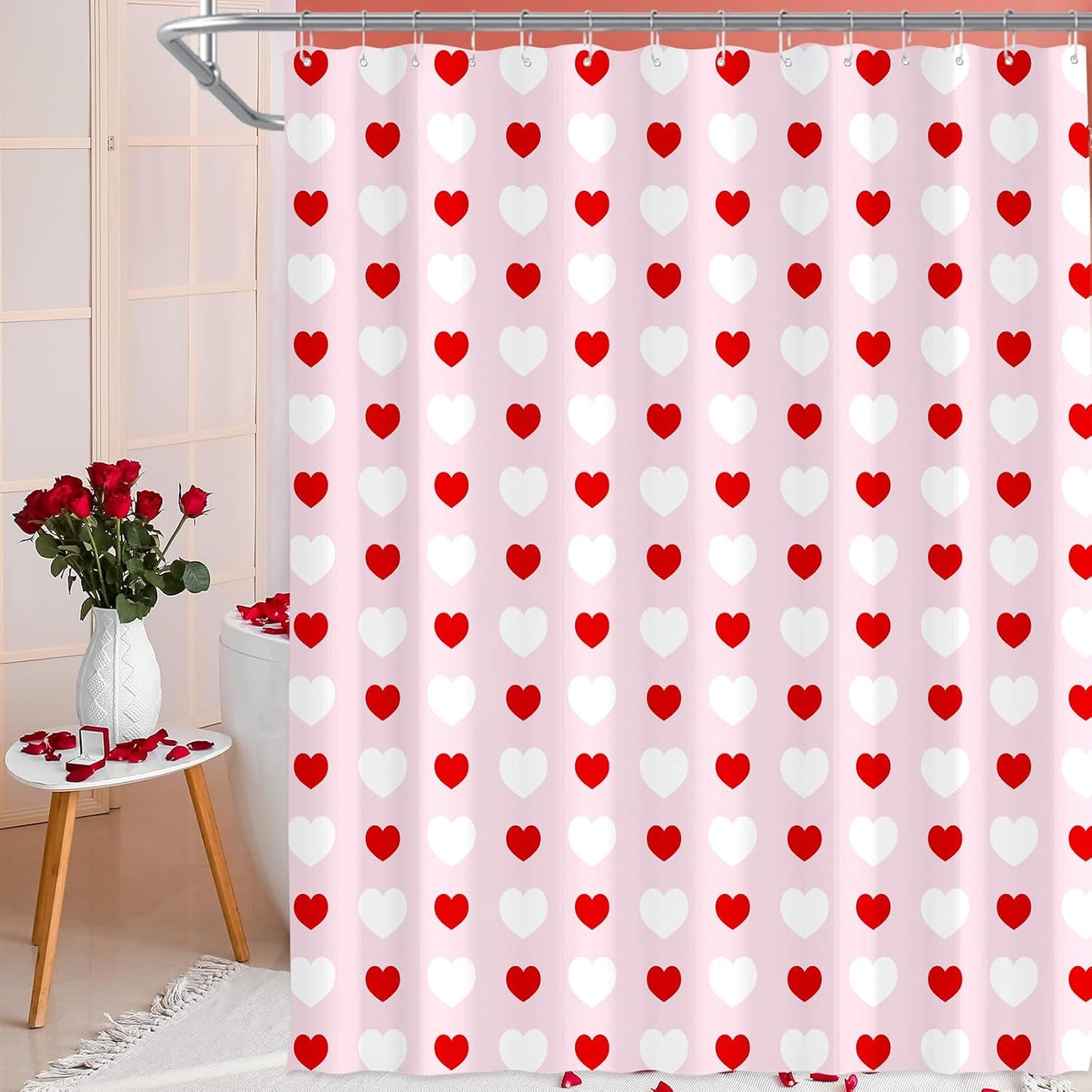 71 X 71 Inches Valentines Shower Curtain Red and White Love Heart Theme Romantic Bathroom Curtain Waterproof Polyester Curtain with Hooks Set for Valentine'S Bathroom Decorations