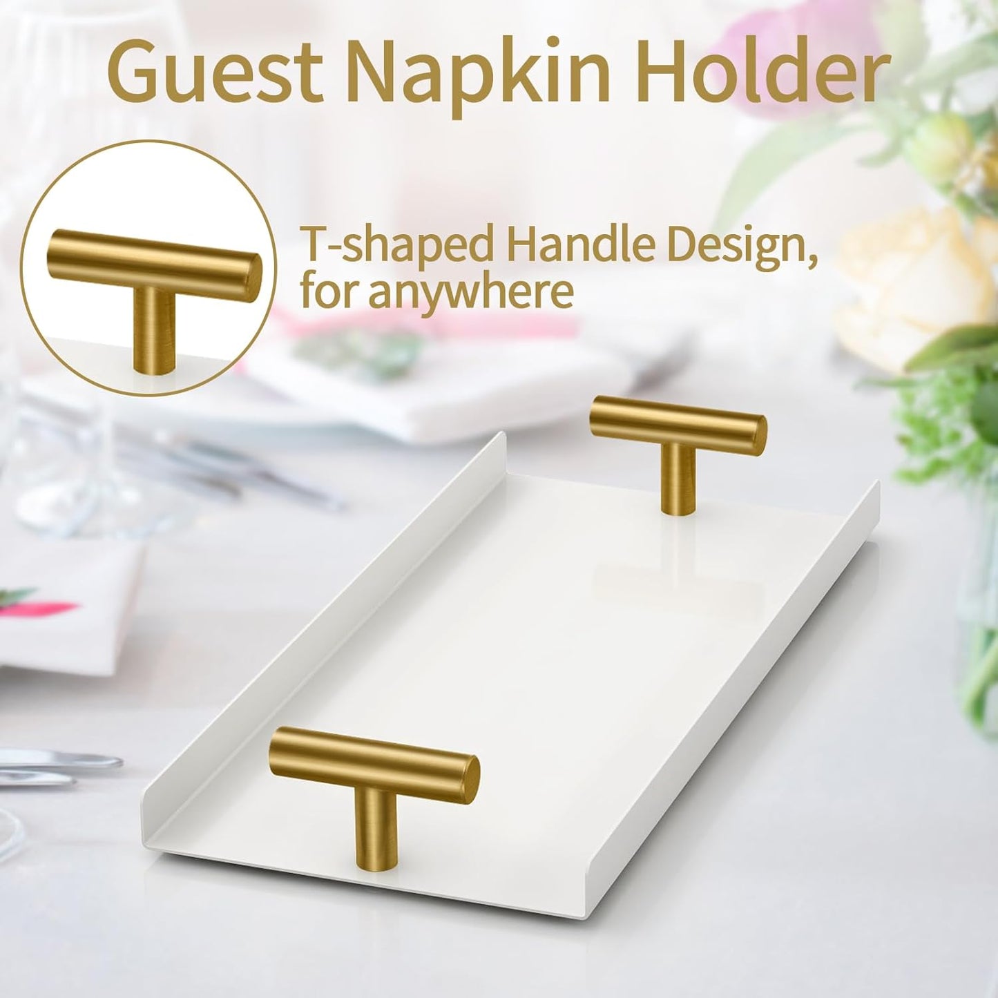 Napkin Holder for Bathroom, Guest Towel Holder Tray for Bathroom, White Guest Napkin Holders with Golden T-Handle, Disposable Hand Towel Tray for Guest Room, Table, Kitchen