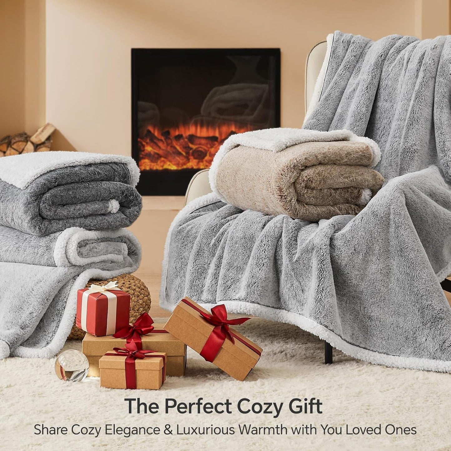 Sherpa Throw Blanket for Couch - Super Soft & Warm Thick Faux Fur Blanket for Sofa and Room Decor, Luxury Cozy Plush Fluffy Winter Blanket Gifts for Women Men Mom Dad, 50X60 Inch, Light Grey