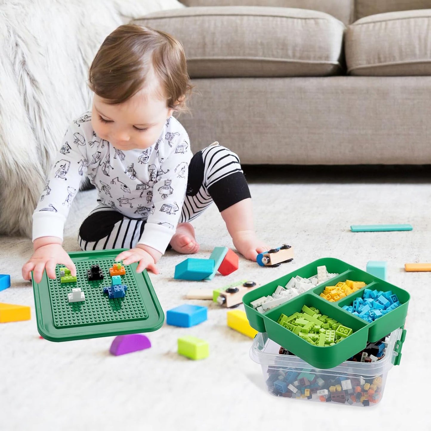 Plastic Storage Container with Brick Baseplate Lid for Building Blocks, Compartmentalized Organizer Tray, Stackable Storage Box for Building Block Collection (Green)