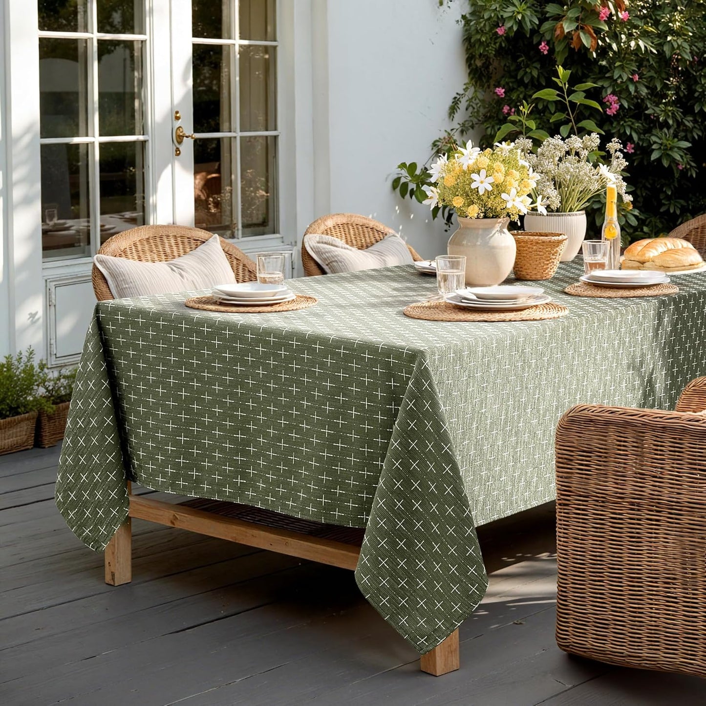 Olive Green Waterproof Linen Rectangle Tablecloth with Cross-Star Texture, Rustic Farmhouse Style for Dining, Parties, Buffets, and Weddings, 60x84 Inches