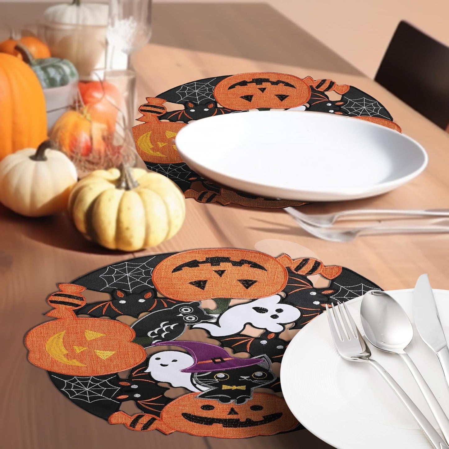Halloween Placemats Set of 4, Embroidered Black round Placemats 15 Inches, Thanksgiving Fall Pumpkins Table Decorations for Kitchen & Dining Room, Gnomes Table Mats