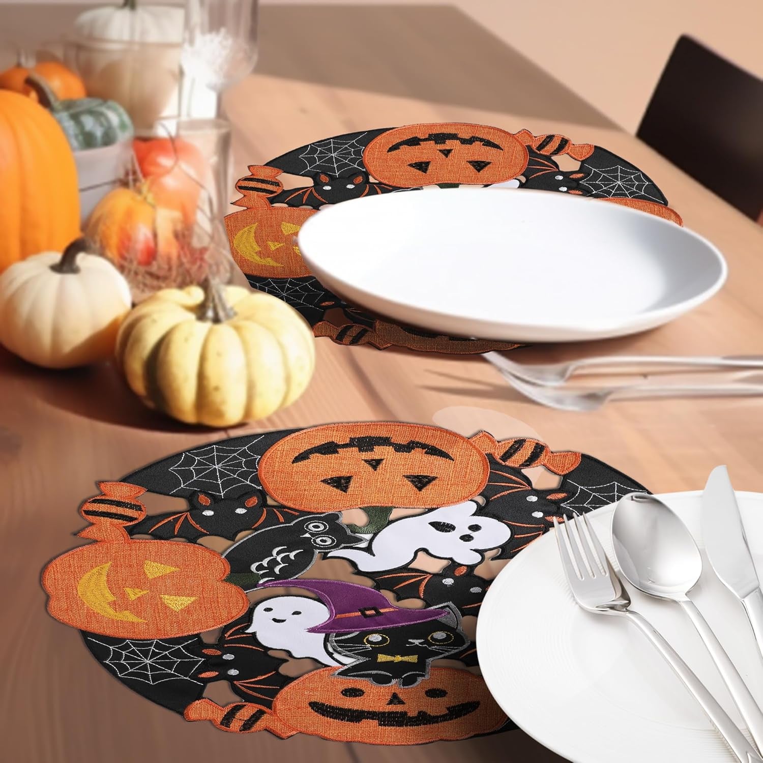Halloween Placemats Set of 4, Embroidered Black round Placemats 15 Inches, Thanksgiving Fall Pumpkins Table Decorations for Kitchen & Dining Room, Gnomes Table Mats