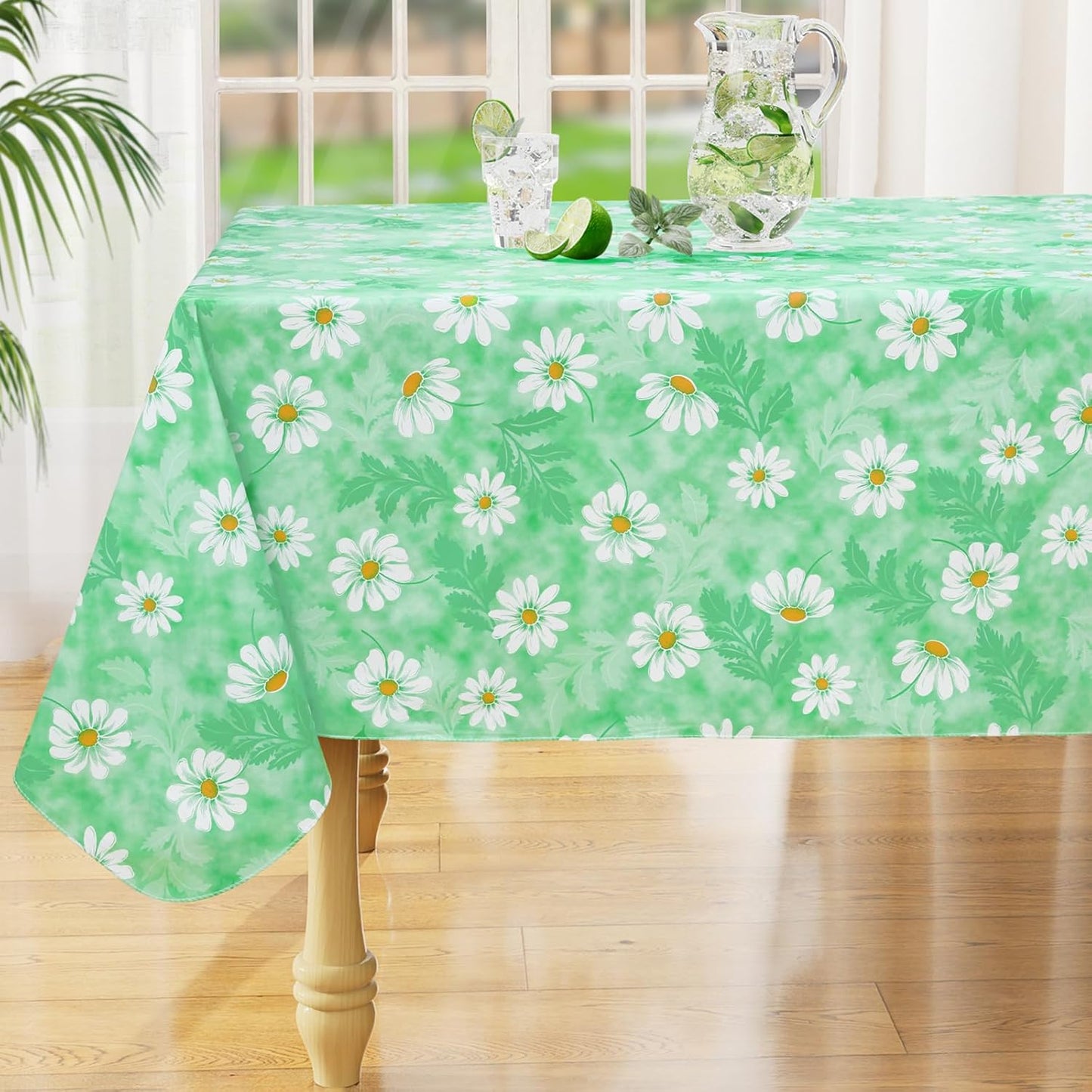 Rectangle Waterproof Vinyl Table Cloth, Wipeable Tablecloth with Flannel Backing, Plastic Table Cover for Dinner, Picnic, Indoor and Outdoor (Green Daisy, 60" X 84")
