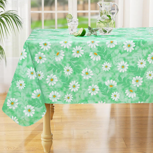 Rectangle Waterproof Vinyl Table Cloth, Wipeable Tablecloth with Flannel Backing, Plastic Table Cover for Dinner, Picnic, Indoor and Outdoor (Green Daisy, 60" X 84")