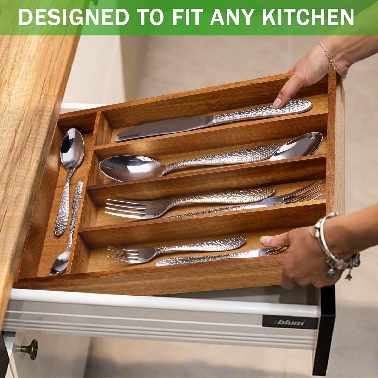 Silverware Organizer 10 in Utensil Organizer Silverware Tray for Drawer Cutlery Flatware Organizer for Kitchen Acacia Wood