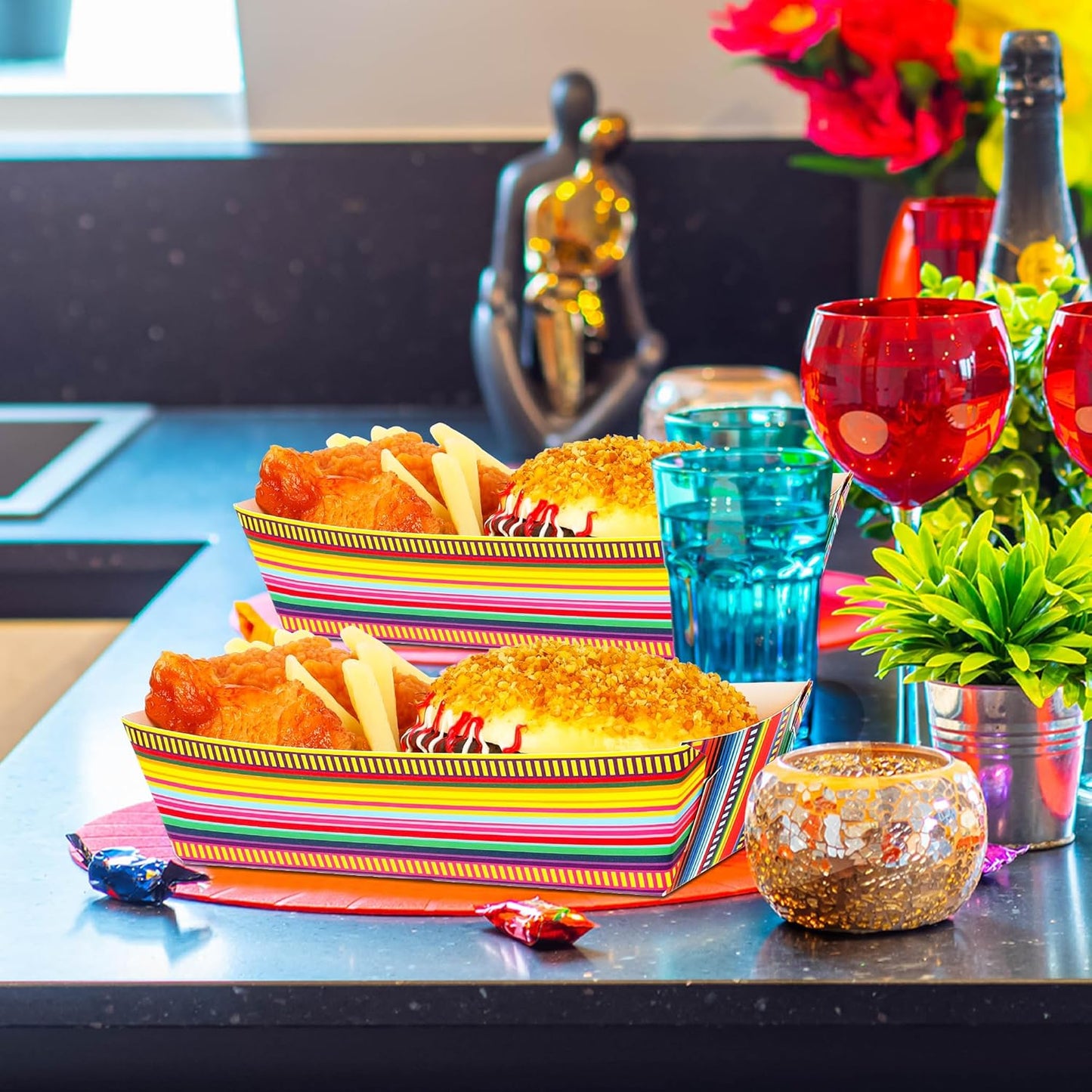 50 PCS Cinco De Mayo Decorations, Large Capacity Fiesta Plates, Serape Pattern Cinco De Mayo Paper Trays Mexican Food Trays Fiesta Hot Dog Trays, Disposable Mexican Theme Party Decorations