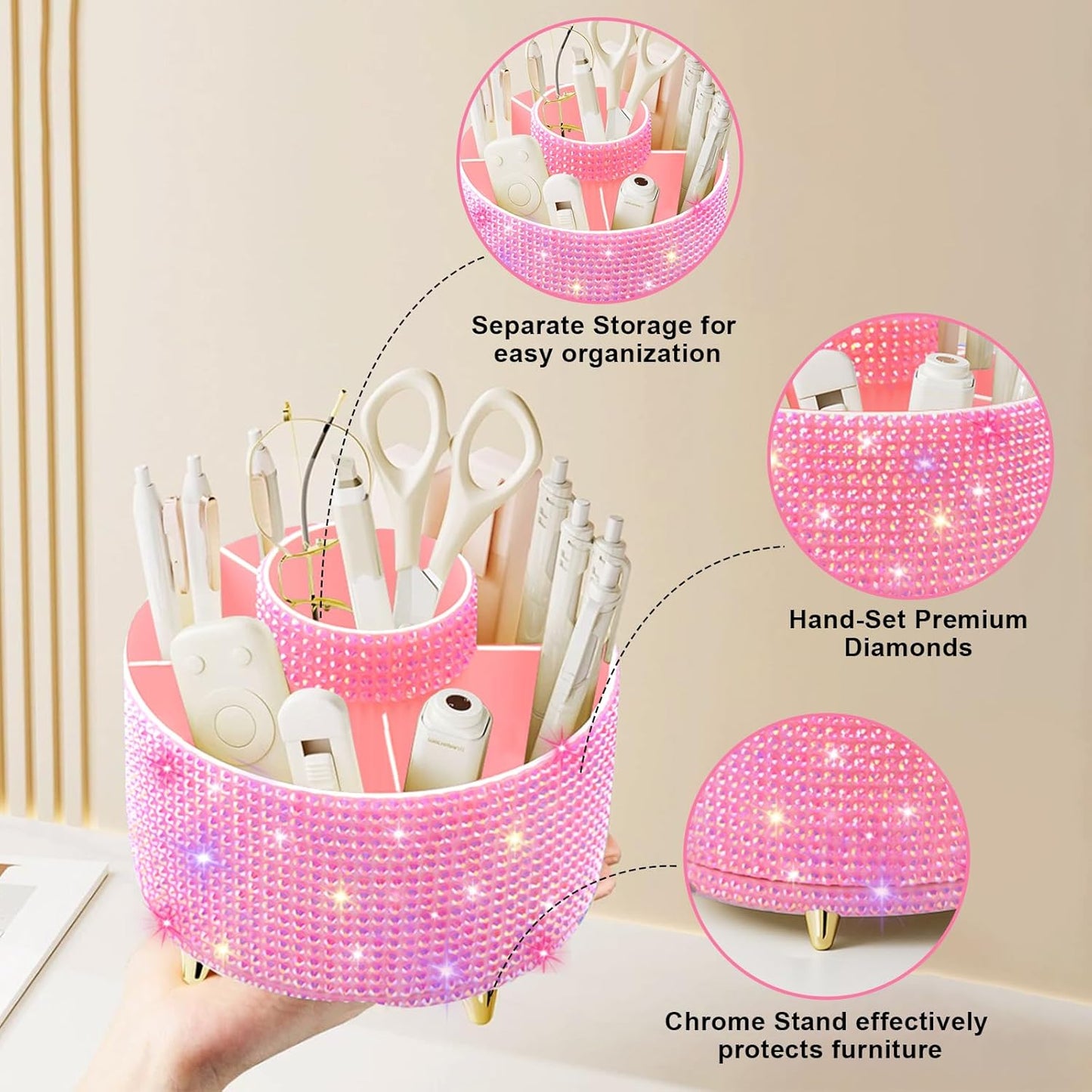 Bling Diamond 360° Makeup Brush Holder Organizer, Rotating Makeup Brush Organizer,5 Slot Make up Brushes Cup for Cosmetics, Vanity Desktop Organizer, Gift for Women Teen Girls- Diamond Pink