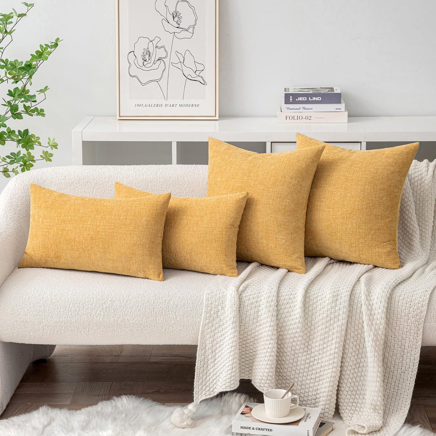 Pack of 2 Couch Throw Pillow Covers 18X18 Inch Soft Beige Yellow Chenille Pillow Covers for Sofa Living Room Solid Dyed Pillow Cases