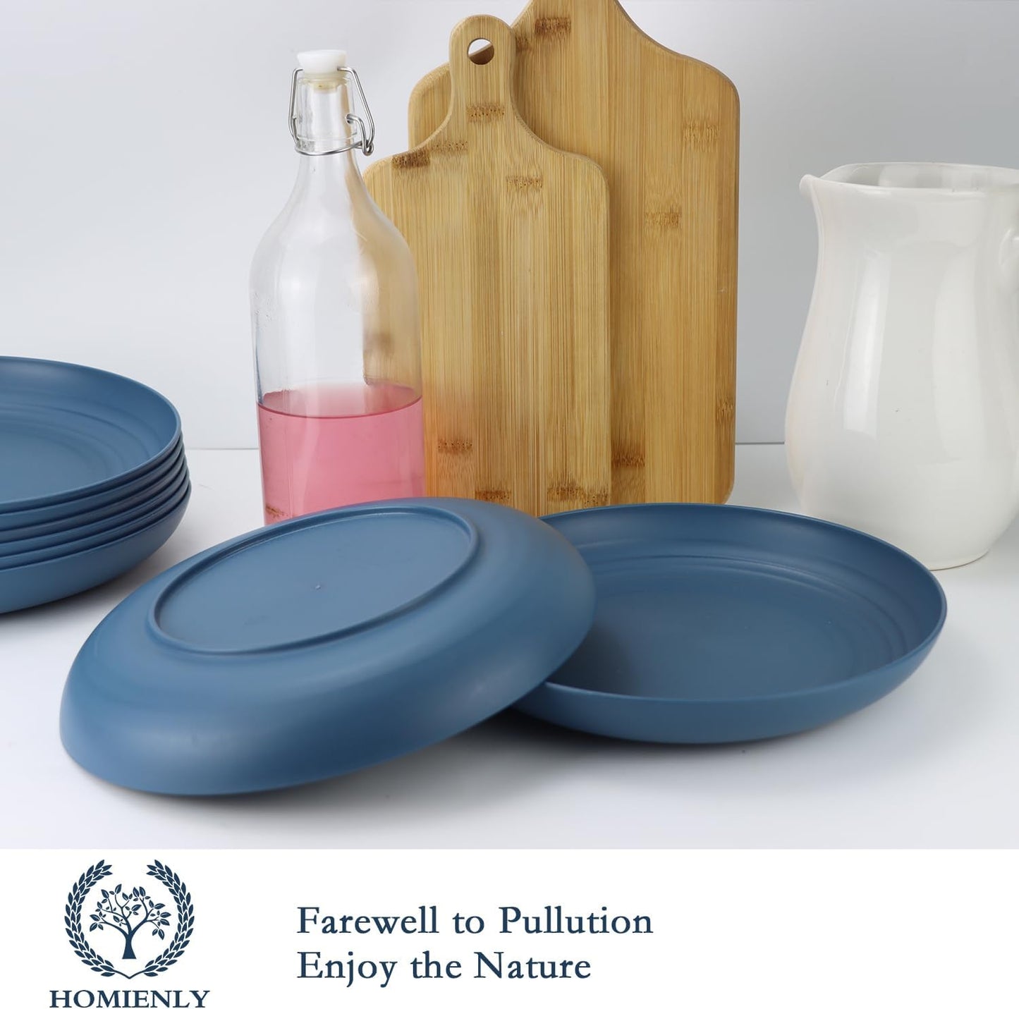 Wheat Straw Dinner Plates - Set of 8 Durable, Dishwasher and Microwave Safe Children's Plates (Blue) - 9 Inch Size