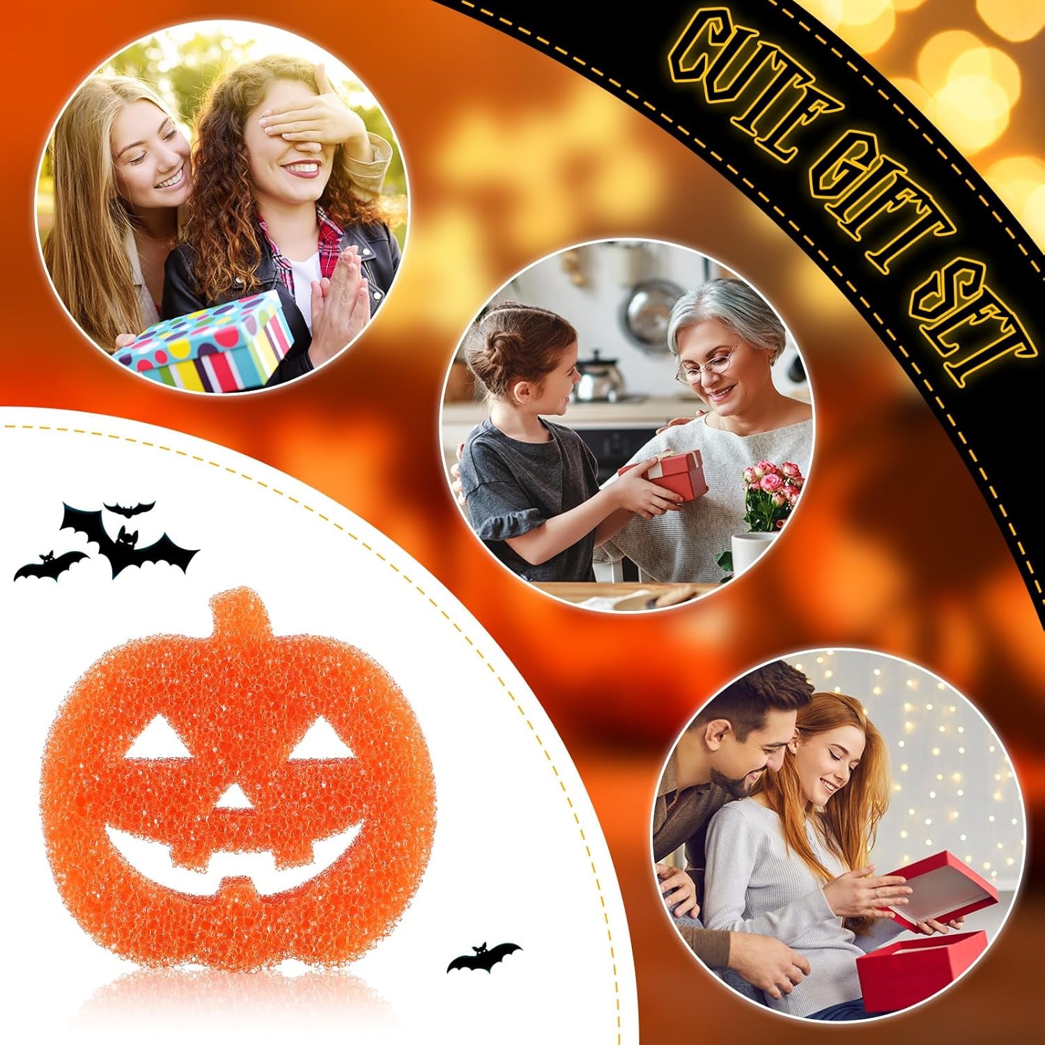 6-Pack Halloween-Themed Non-Scratch Cleaning Sponges for Kitchen Use - Ghost, Bat, Pumpkin, and Cat Designs with Temperature Sensitivity for Dishwashing and Household Cleaning