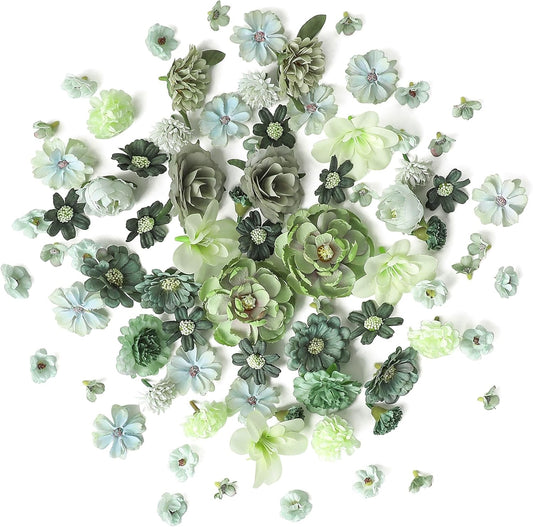 Mini Artificial Flower Heads in Sage and Olive Green - Multicolor Faux Silk Peony, Daisy, and Rose for Cake Craft, Garland, Wedding, Party, Graduation Cap, and Home Decoration (0.8"-3.6")