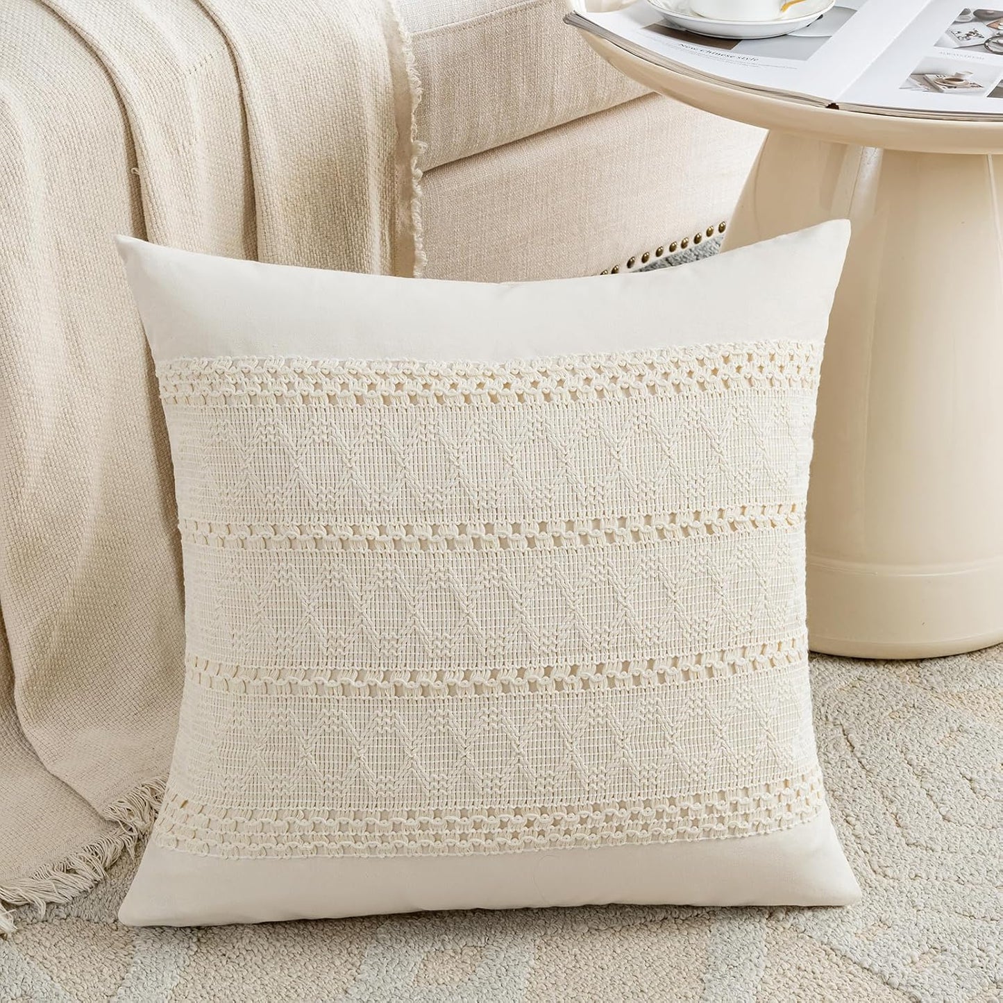 Set of 2 Boho Cream Decorative Throw Pillow Cover 18X18 Inch for Couch Bed Sofa, Aesthetic Modern Organic Farmhouse Home Decor, Soft Cotton Cute Accent Macrame Woven Cushion Case