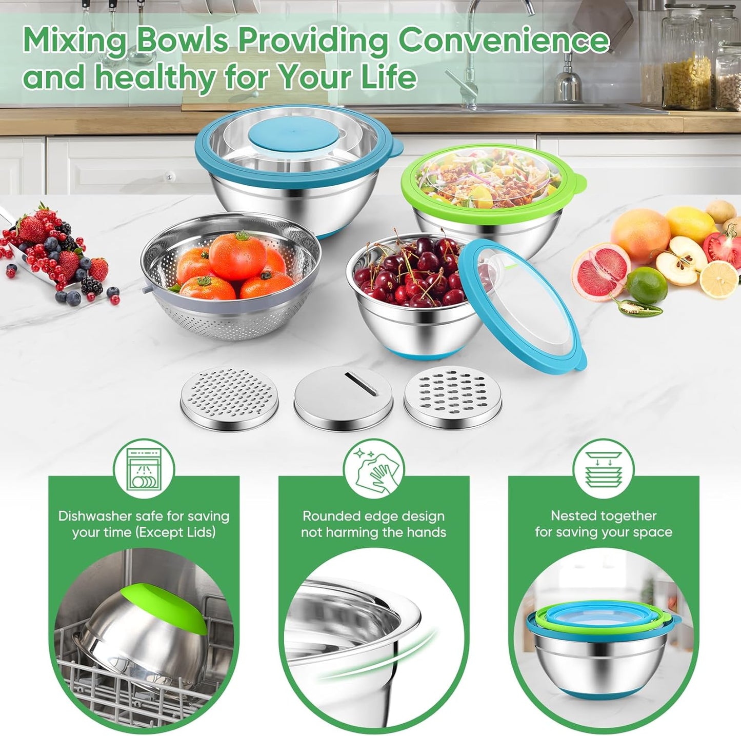Mixing Bowls with Lids Set of 3, Stainless Steel Mixing Bowl and Colander for Kitchen, 3 Grater Attachments & Non-Slip Bottoms, Visible & Airtight Lid, Multicolor