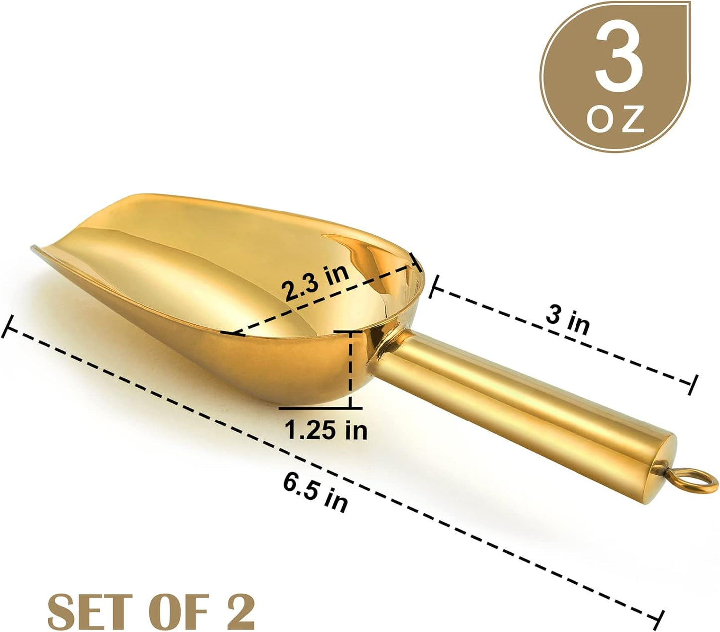 Mini Scoop Set of 2, Stainless Steel Small Candy Sweet Ice Cube Scoops for Home Bar Buffet Wedding Canisters, Easy Clean & Sturdy, (Gold, 3 Oz)