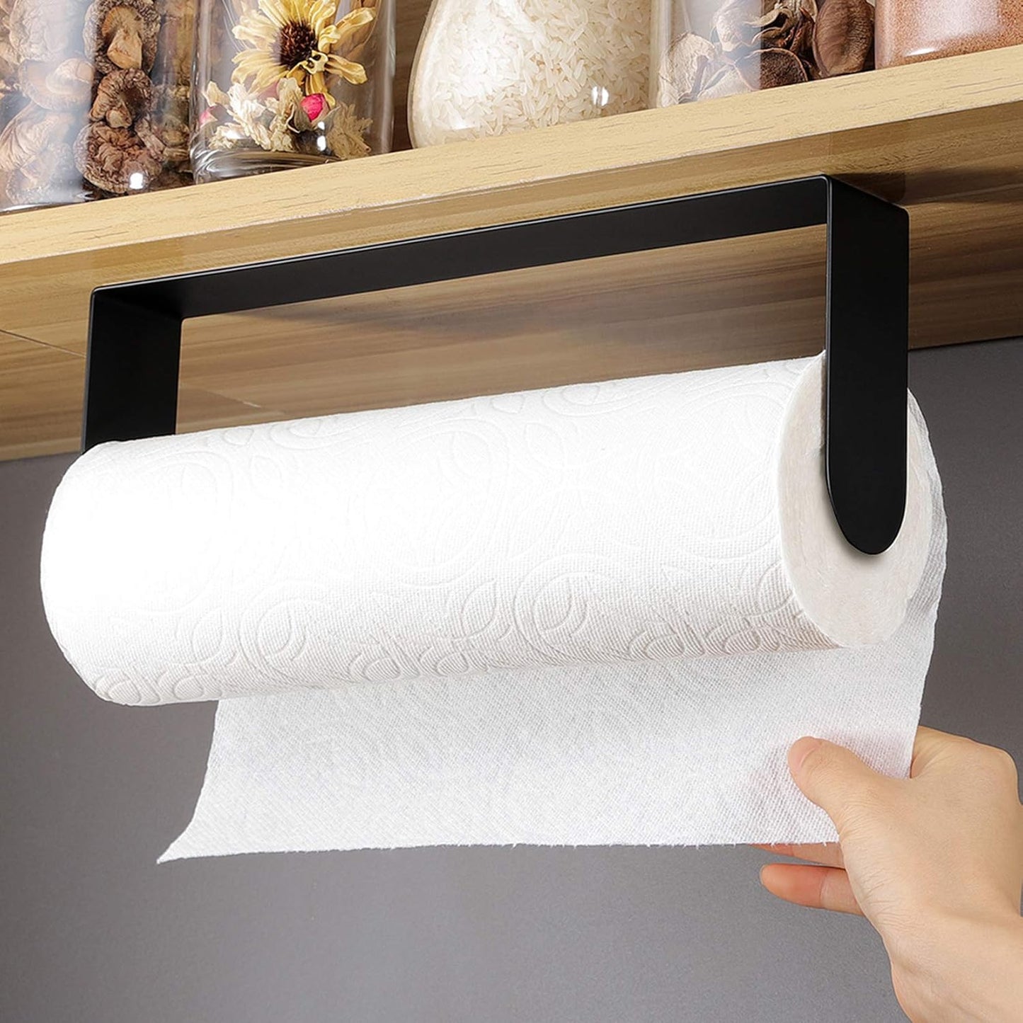 Wall-Mounted Black Paper Towel Holder - Self-Adhesive Under-Cabinet Rack in SUS-304 Stainless Steel for Kitchen Use