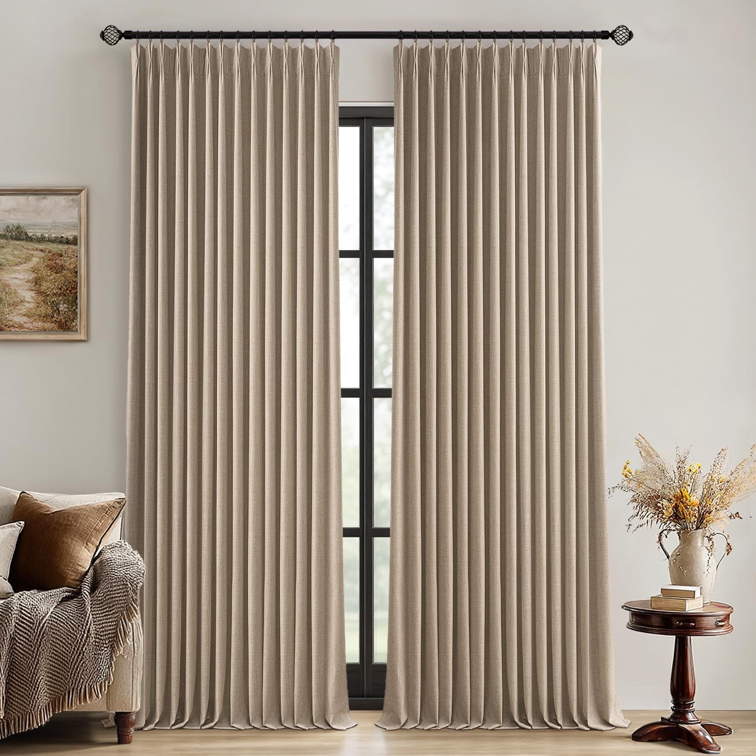 Copper Brown 100% Blackout Linen Pinch Pleated Curtains - Room Darkening Drapes for Bedroom and Living Room, 84 Inches Long, Set of 2 Panels with Pin Hooks