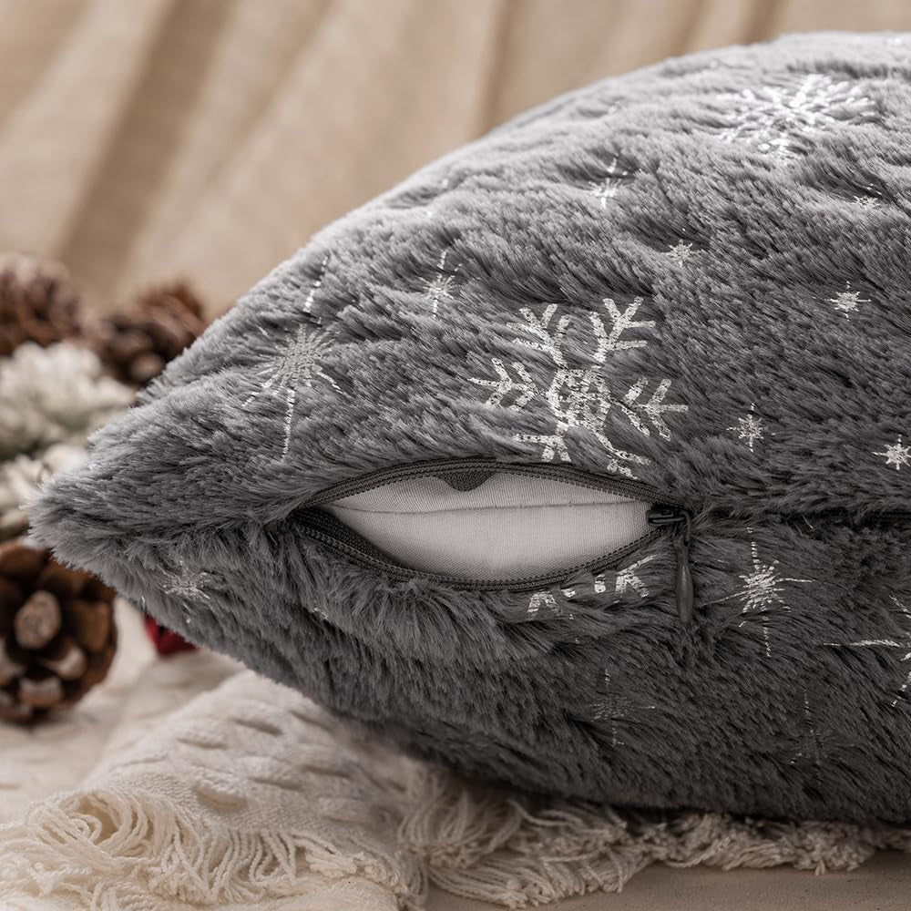 Set of 2 Christmas Decorative Throw Pillow Covers Soft Faux Fur Winter Pillow Covers with Silver Snowflake Glitter Holiday Festival Pillowcases for Couch Sofa Bed, 18×18Inch, Grey