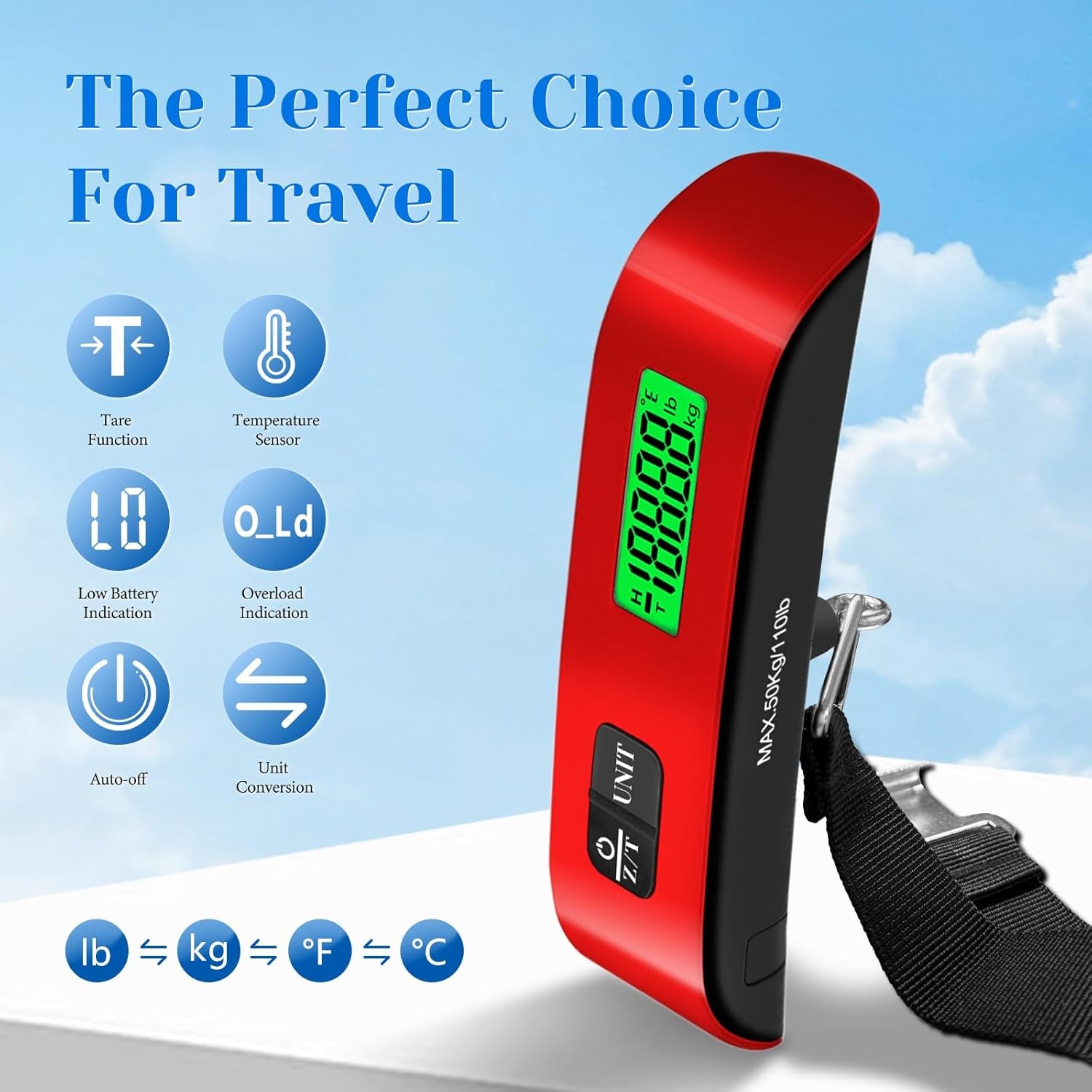 Luggage Scale, 110Lb Luggage Weight Scale with 4 Unit Switching Functions&Led Display, Luggage Scale Travel Digital for Weighing Luggage, Backpacks, Packages and Markets(Red)