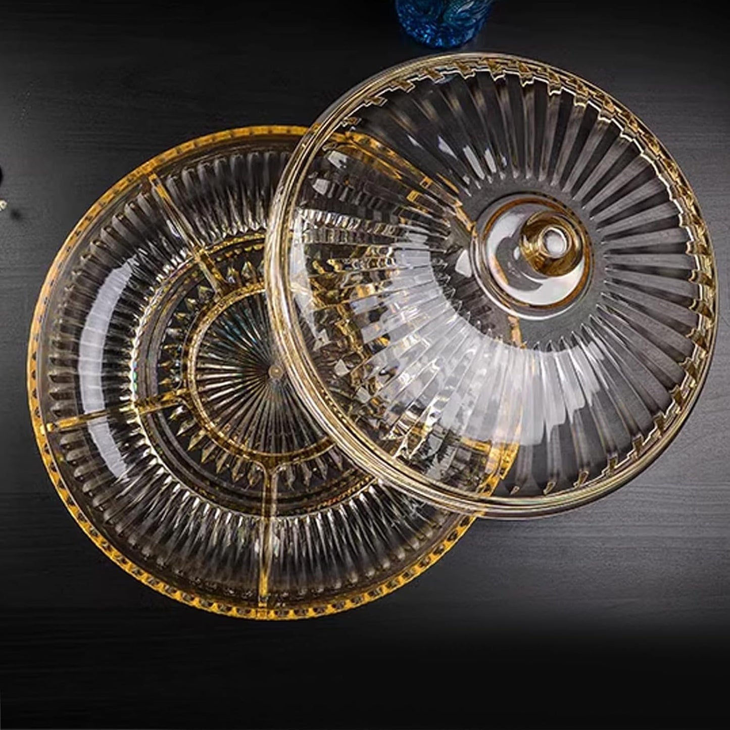 Creative Acrylic Multifunctional Party Snack Tray with Lid,Serving Dishes for Dried Fruits Nuts Candies Fruits,6-Compartment (Amber)