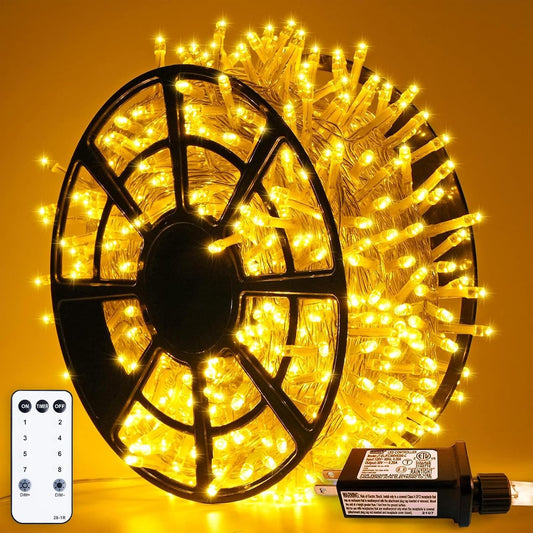 163Ft 500 LED Warm White Christmas Lights Outdoor, Plug-In Outdoor String Lights for Classroom, Clear Wire 8 Modes Remote Control Christmas Tree Lights for Christmas Bedroom Tree Classroom