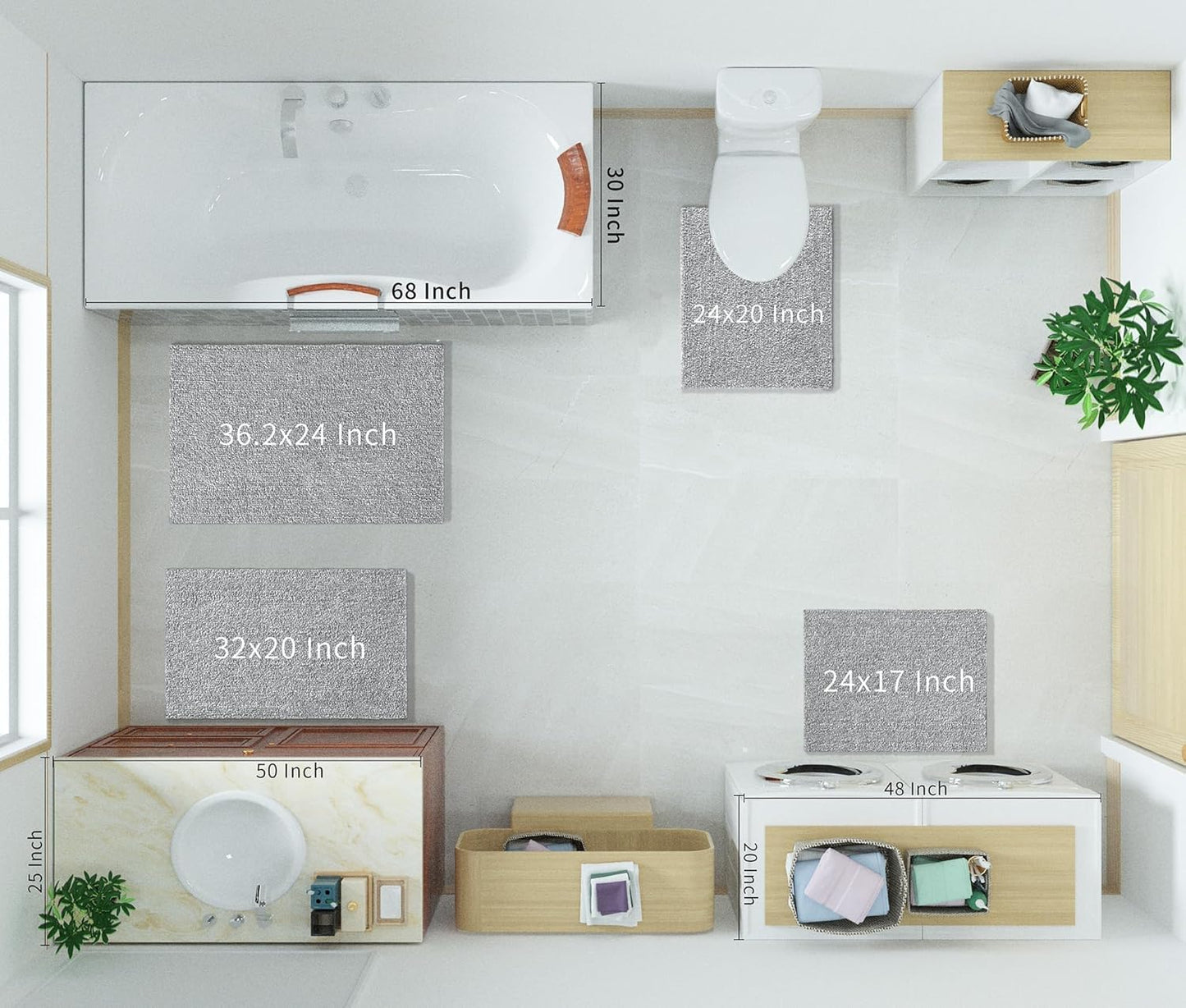 Bathroom Rugs Non Slip Washable, Extra Soft Comfortable Bath Mat, Water Absorbent Thick Floor Mats, Shaggy Rugs for Shower Bathtubs, 24"X17", Grey&White