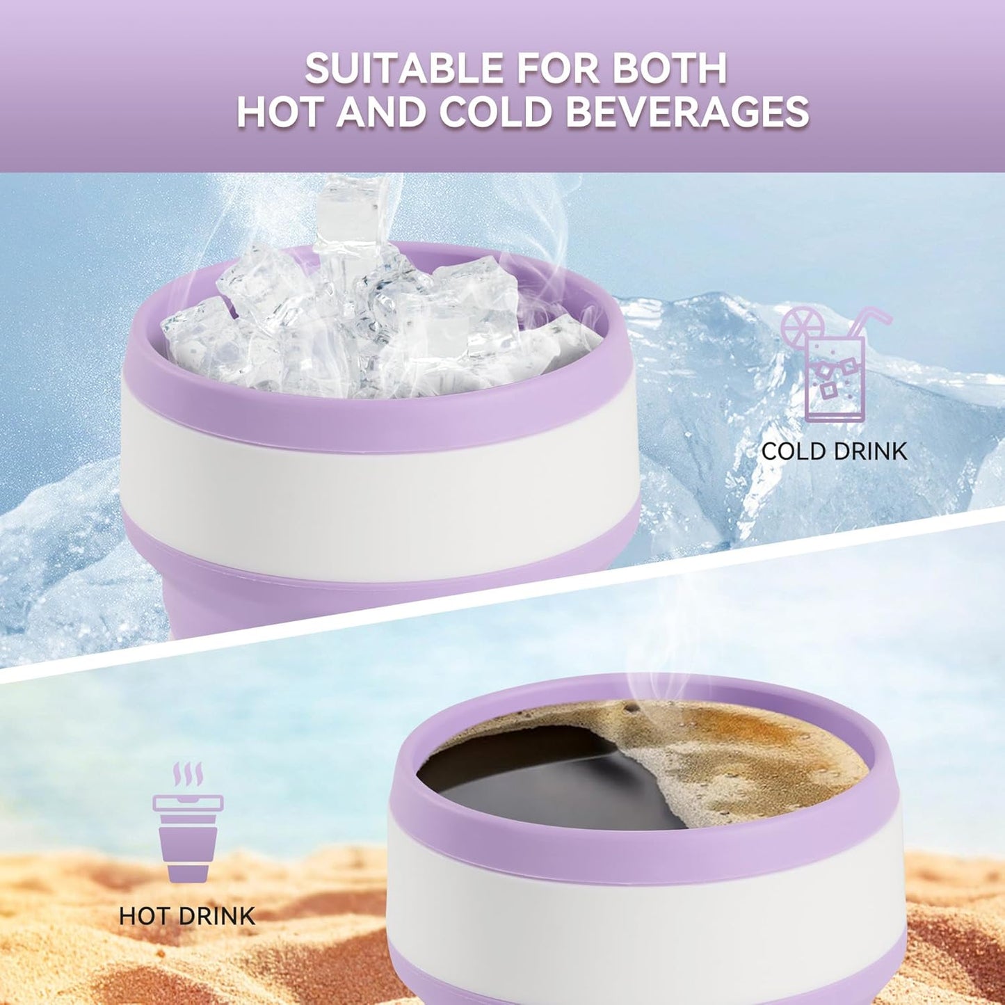 2Pcs Collapsible Cup for Traveling, Collapsible Silicone Travel Cup for Hot and 2 Drinks, Leak Proof Silicone Folding Travel Coffee Mug for Camping & Hiking, BPA Free 12Oz Purple&Pink