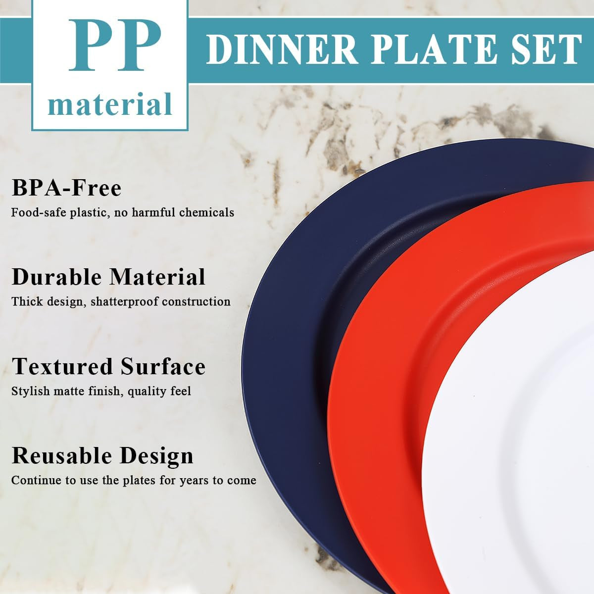 12-Piece Reusable 10-Inch Plastic Dinnerware Set in FR Color - Unbreakable Flat Plates, Salad Plates, and Pasta Bowls for Home, Garden, Picnic, Camping, and Outdoor Use