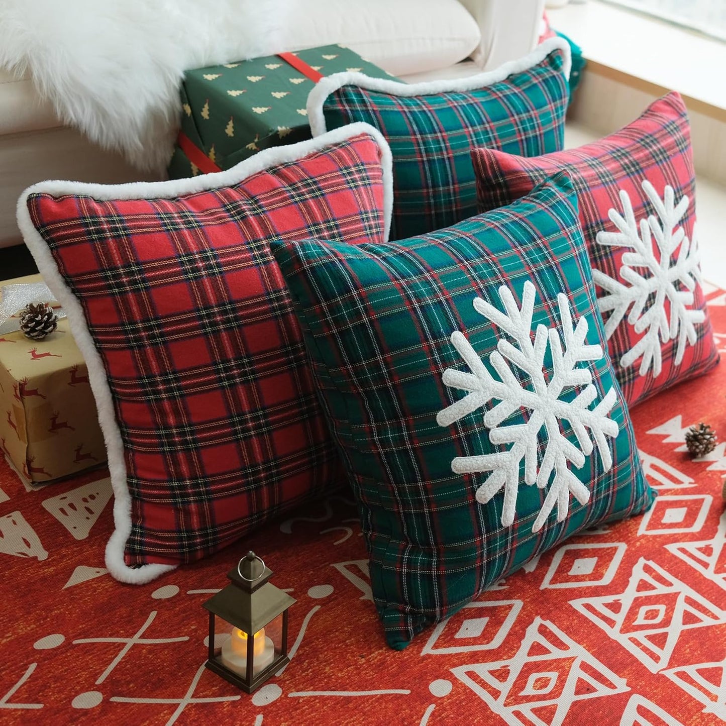 Pack of 2 Christmas Throw Pillow Covers Plaid Scottish Tartan Cushion Case Snowflake Embroideried Pillowcases for Sofa Couch Bedroom (Red, 20 X 20-Inch)