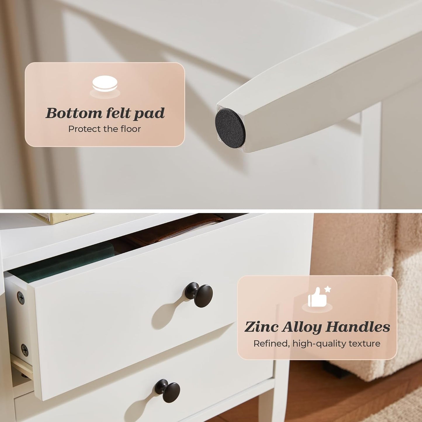 Set of 2 White Nightstands with Charging Station, Modern Bedside Tables featuring 2 Drawers and Metal Knobs, Ideal for Bedroom Use
