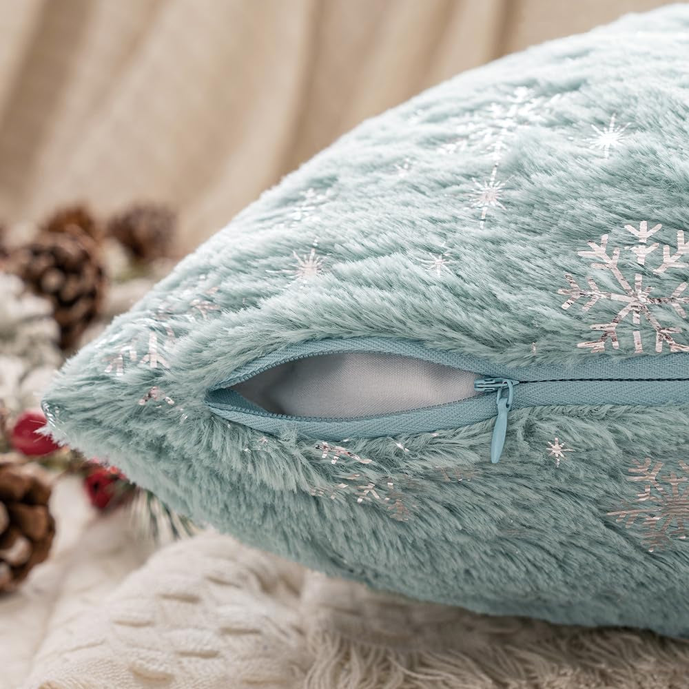 Set of 2 Christmas Decorative Throw Pillow Covers Soft Faux Fur Winter Pillow Covers with Silver Snowflake Glitter Holiday Festival Pillowcases for Couch Sofa Bed, 18×18Inch, Aqua Green