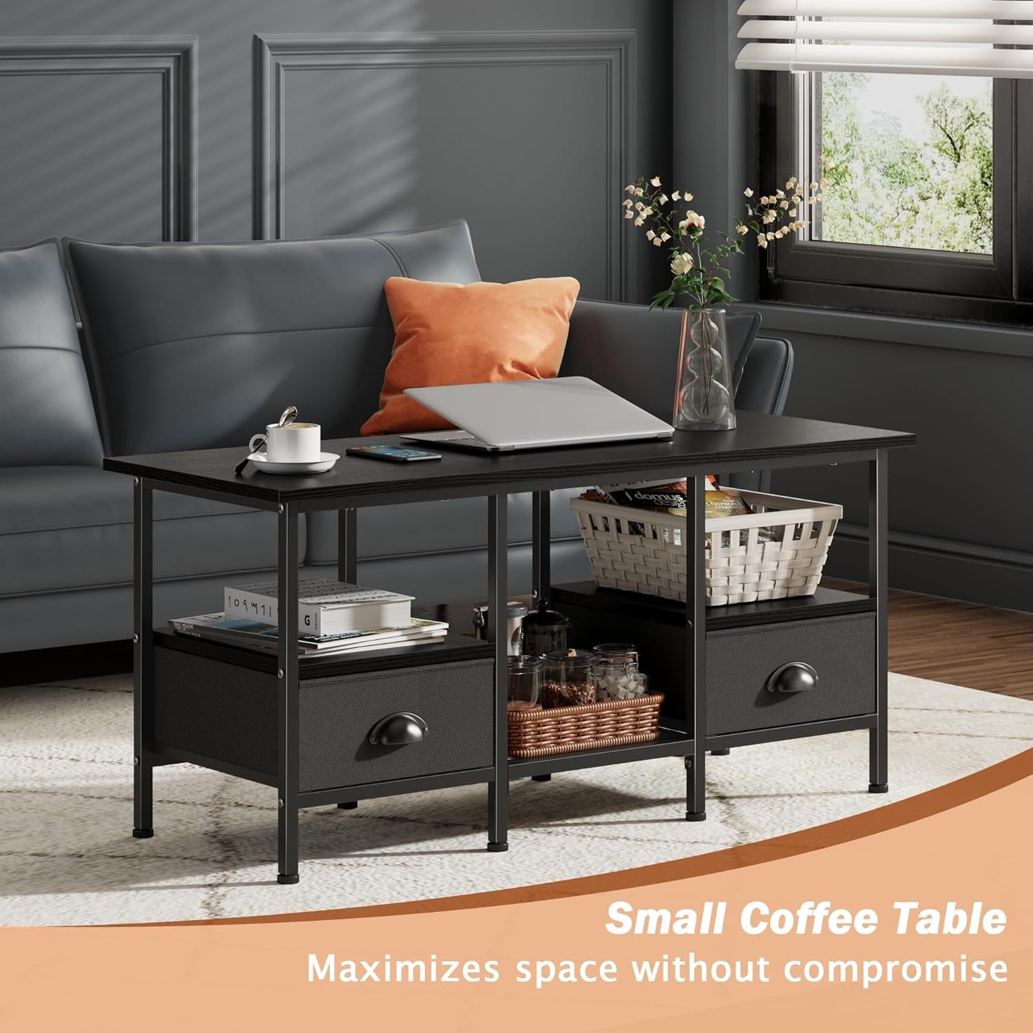 35" Coffee Table with 2 Storage Drawers, Small Coffee Tables for Living Room, Modern Center Table with 2 Tier Shelf, Black