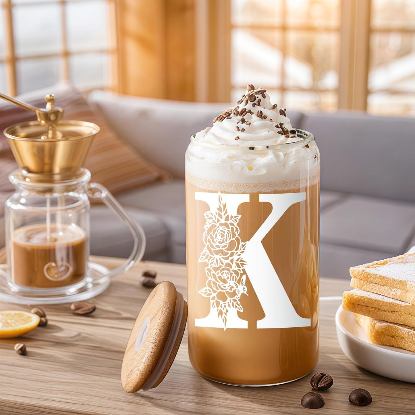 Gifts for Holidays,Birthday Gifts for Women,Personalized Initial Glass Cup as Iced Coffee Cups,Aesthetic Smoothie Cup Cute Beer Tumbler,16 Oz Glass Cups with Lids and Straws-K(1Psc)