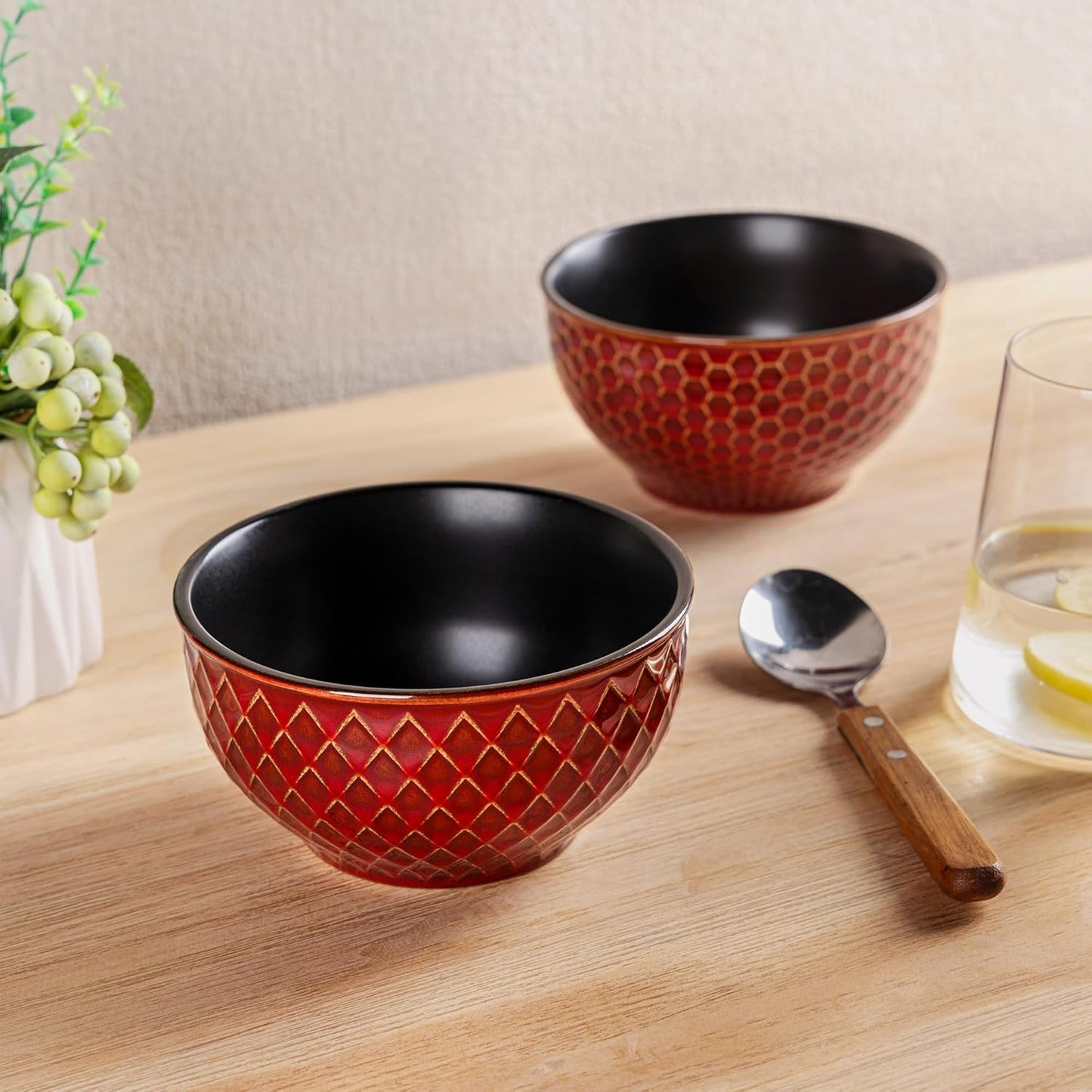 Set of 4 Textured Stoneware Cereal Bowls, 24 Oz Ceramic Soup Bowls Ideal for Soup, Oatmeal, and Snacks - Rythmic Red, Perfect for Weddings and Housewarming Gifts