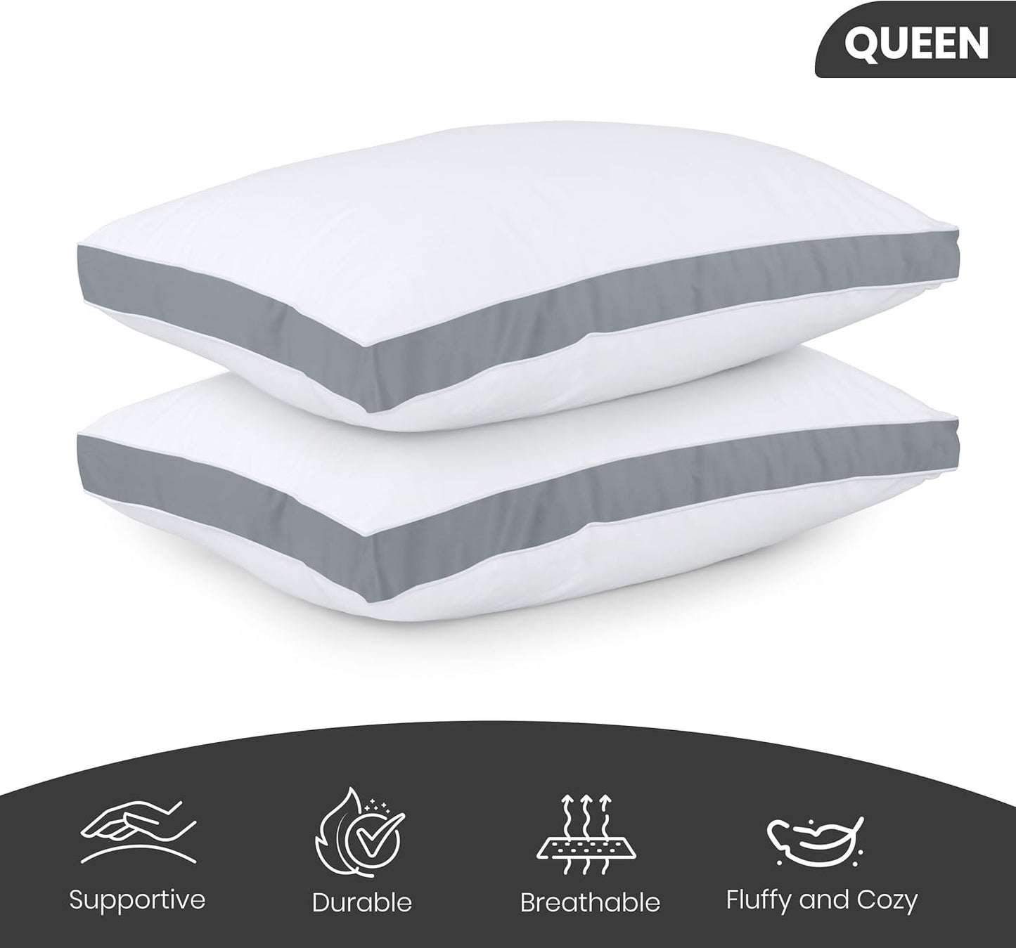 Bed Pillows for Sleeping Queen Size (Grey), Set of 2, Cooling Hotel Quality, Gusseted Pillow for Back, Stomach or Side Sleepers