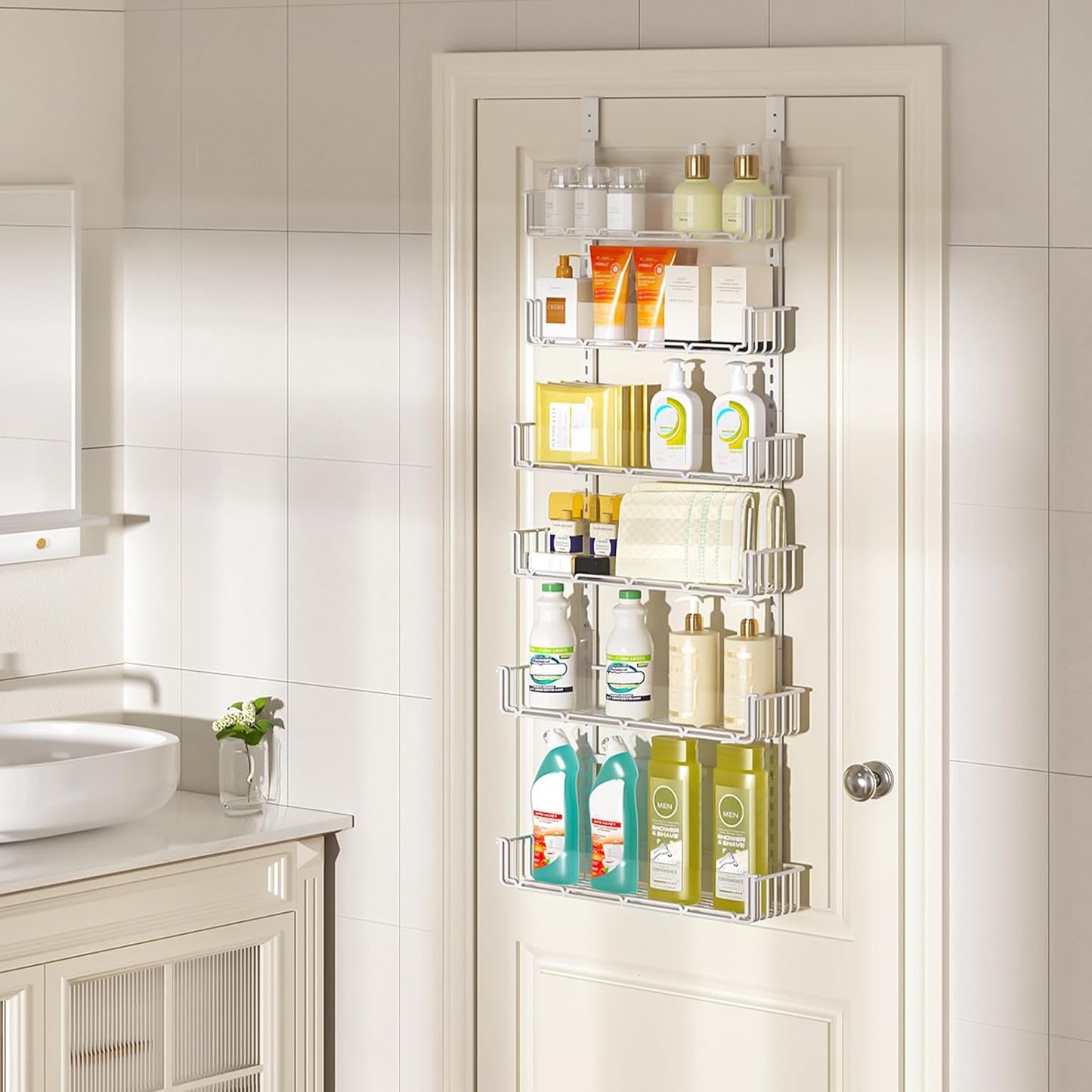 Adjustable over the Door Pantry Organizer with Clear Acrylic Panel, 6-Tier Pantry Organization and Storage for Kitchen, Hanging Spice Rack Seasoning Shelves for Cabinet, Easy Install, White