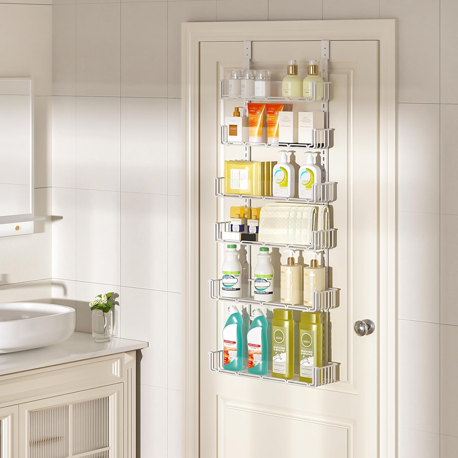 Adjustable over the Door Pantry Organizer with Clear Acrylic Panel, 6-Tier Pantry Organization and Storage for Kitchen, Hanging Spice Rack Seasoning Shelves for Cabinet, Easy Install, White